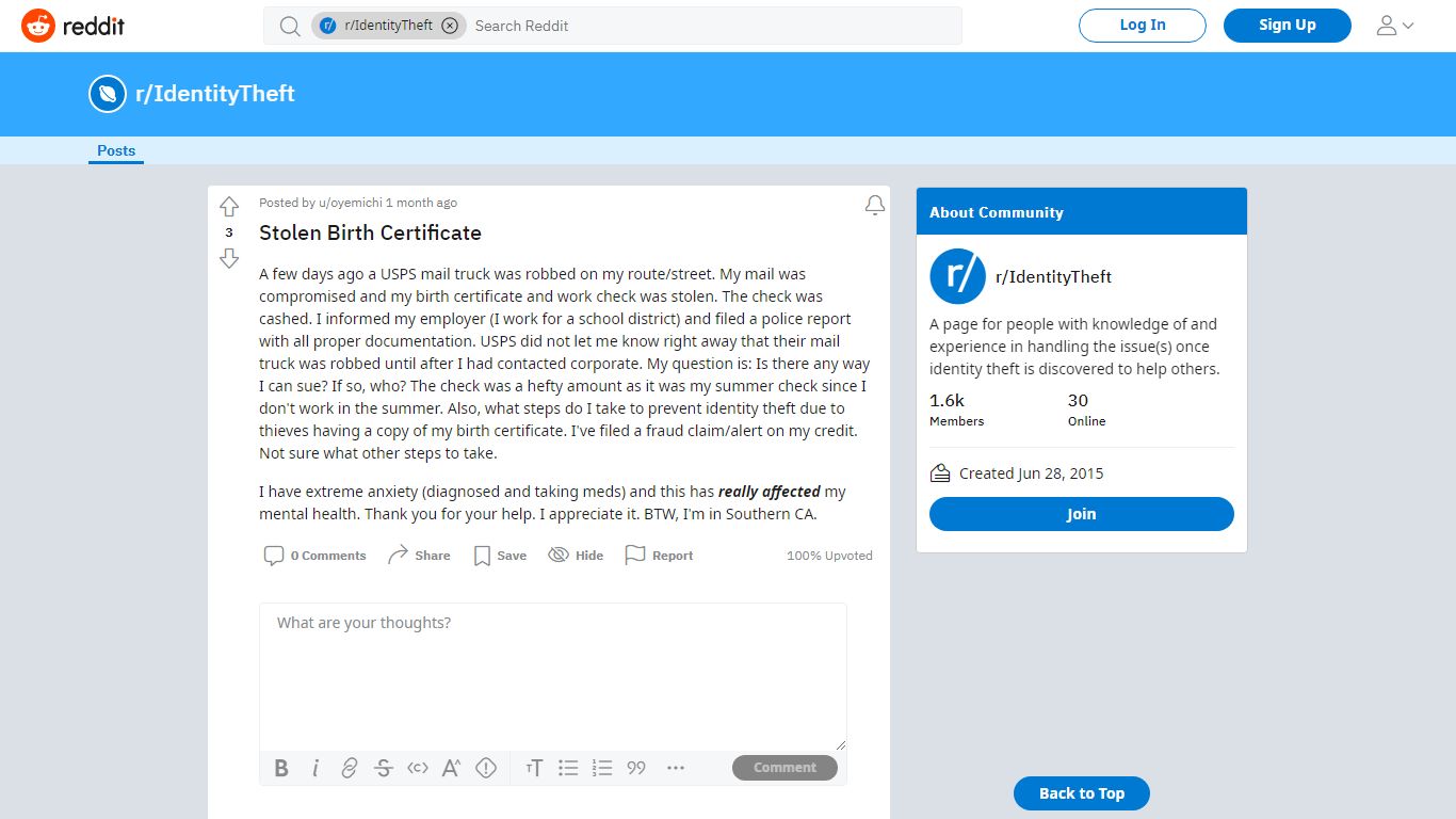 Stolen Birth Certificate : IdentityTheft - reddit.com